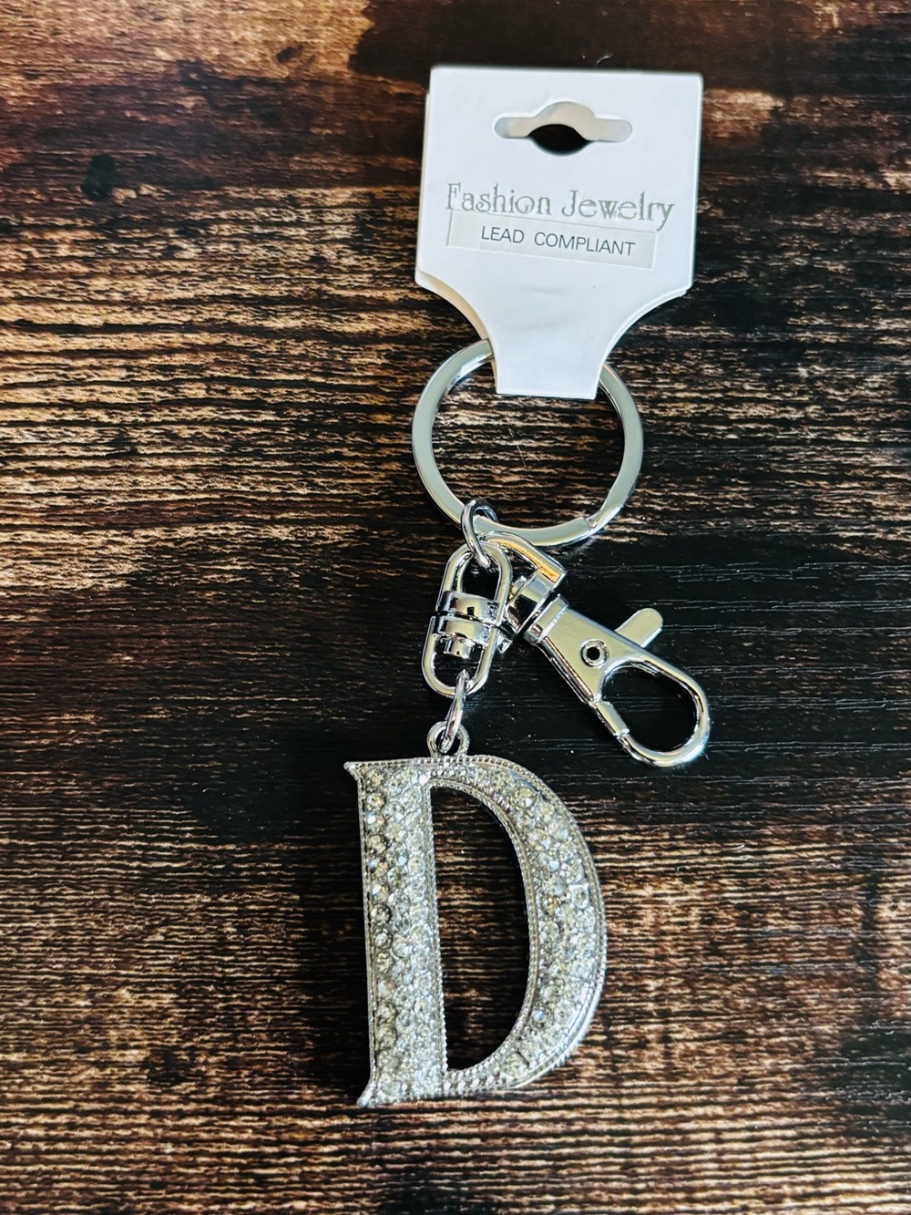Silver Tone Crystal Rhinestone 'D' Keychain Charm - Picture 4 of 4